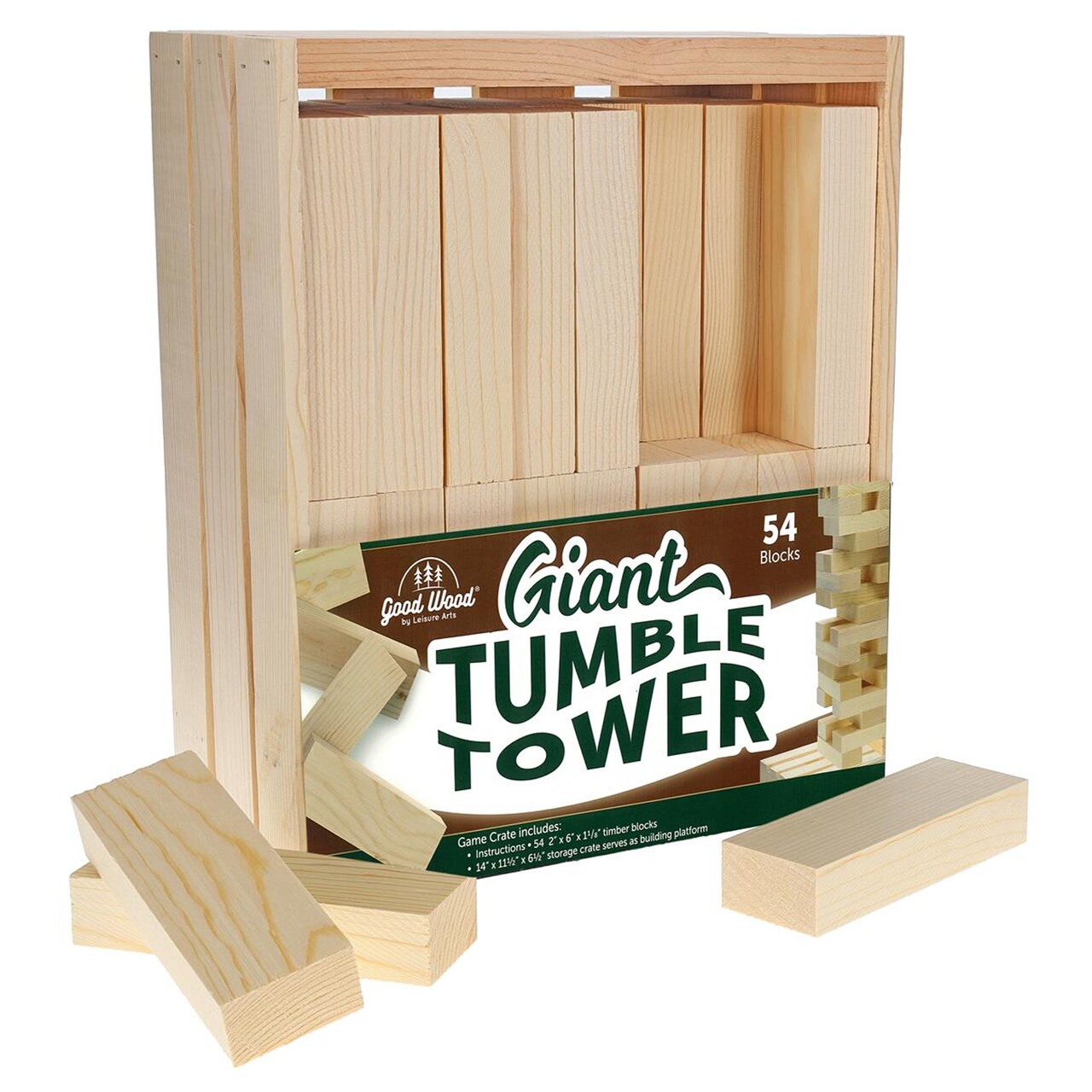 Good Wood By Leisure Arts Good Wood Giant Tumble Tower W/Crate 54Pc - Perfect For Family Fun And Parties, Enjoy Classic Block Games, Tumbling Blocks, Or A Tumbling Tower Game Anywhere